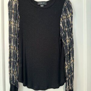 Stunning Black Fitted Blouse with Sheer Gold/Black/White Patterned Sleeves